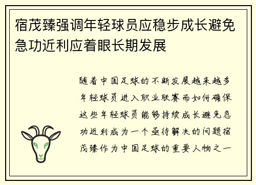 宿茂臻强调年轻球员应稳步成长避免急功近利应着眼长期发展