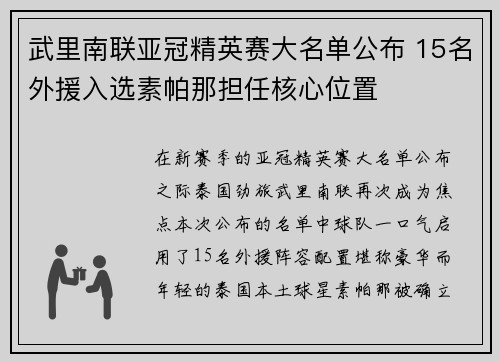 武里南联亚冠精英赛大名单公布 15名外援入选素帕那担任核心位置